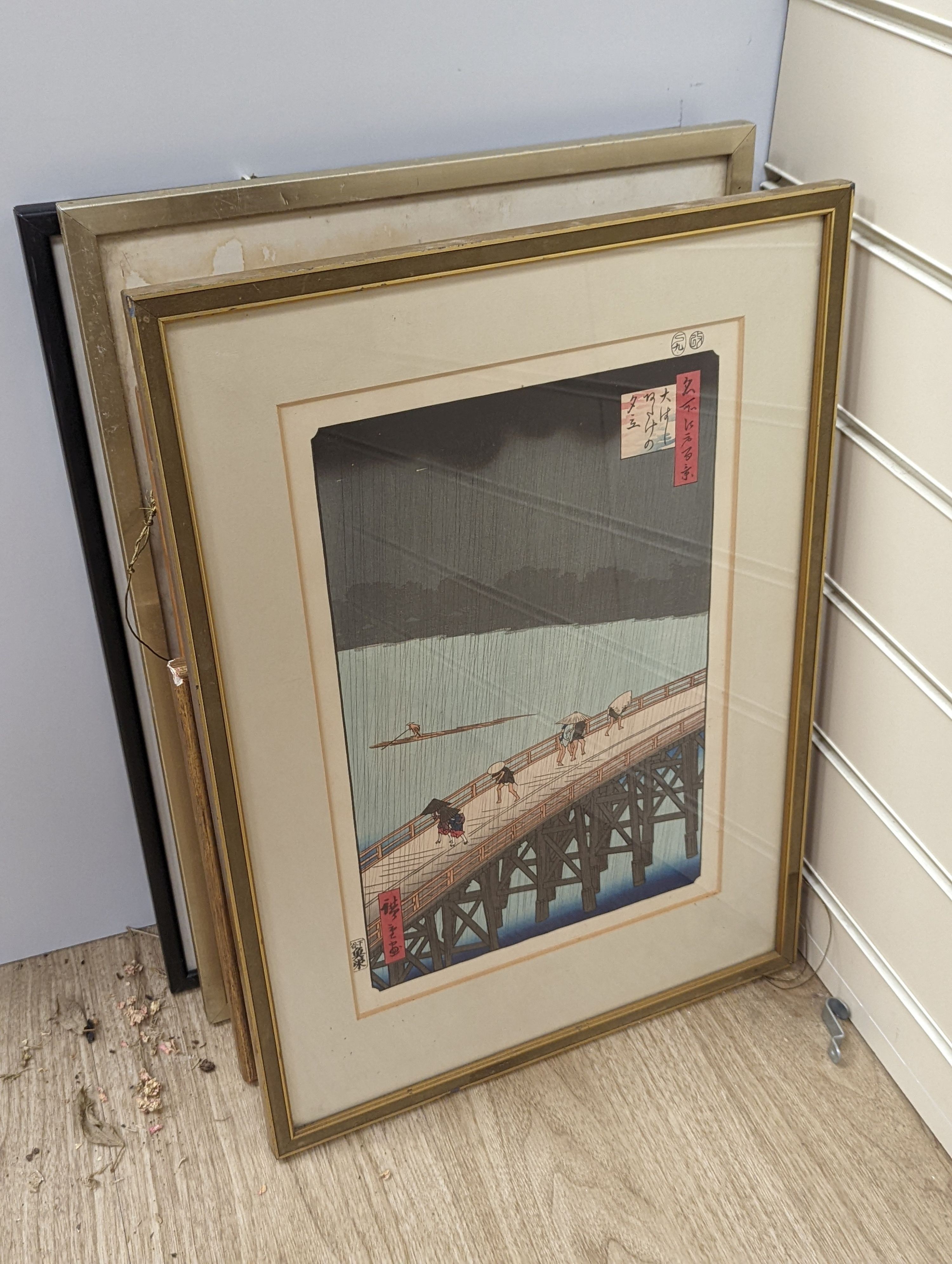 Hiroshige, woodblock print, 'Southern Shower over Shin-Ohashi Bridge', 36 x 24cm, and eight other assorted woodblock prints.